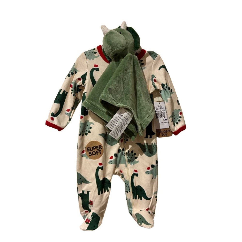 Baby Essentials Christmas Dinosaur Footed Sleeper & Snuggle Toy Set 3M